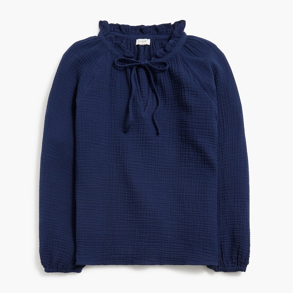 J. Crew Womens Long-Sleeve Gauze Tie Neck Top Size S Navy Coastal Office